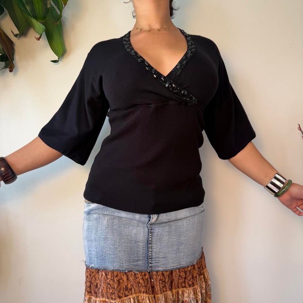 Style & Co Black Beaded V Neck Dolman Blouse Y2K Knit 3/4 Sleeve Medium